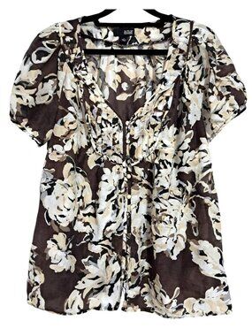 A.N.A Silk Blend Floral Print Blouse Womens Size L Top Button-Front Short Sleeve